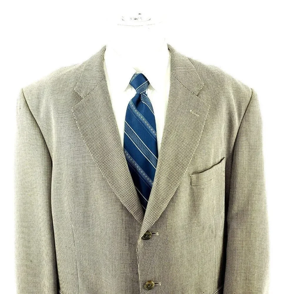 Adolfo Silk Wool 3 Button Sport Coat 44R Black Tan Nailshead‎ Check